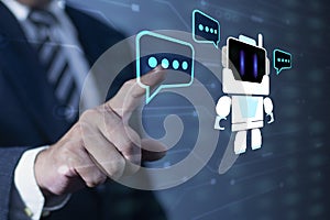 Person interacting with AI chatbot, which is smart robot conversation. Using the command prompt to generate idea something or