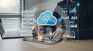 Person interacting with cloud computing and data analytics interface