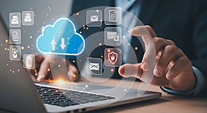 Person interacting with cloud computing and data icons