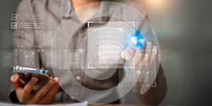 A person interacting with digital checklist documents through a virtual interface, representing online verification, task approval