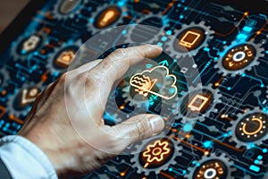 A person interacting with a digital cloud interface, symbol icon computing and technology.