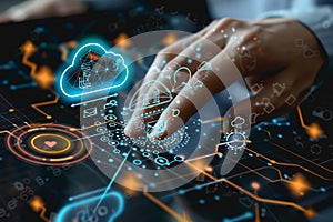 A person interacting with a digital cloud interface, symbol icon computing and technology.