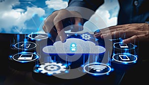 A person interacting with a digital cloud interface, symbol icon computing and technology.