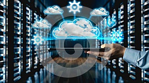 A person interacting with a digital cloud interface, symbol icon computing and technology.