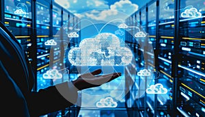 A person interacting with a digital cloud interface, symbol icon computing and technology.
