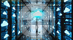 A person interacting with a digital cloud interface, symbol icon computing and technology.