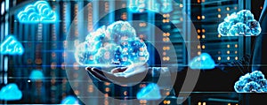 A person interacting with a digital cloud interface, symbol icon computing and technology.