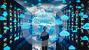 A person interacting with a digital cloud interface, symbol icon computing and technology.