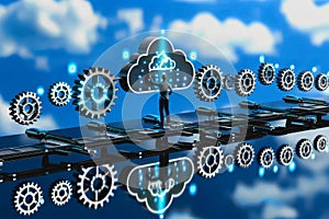 A person interacting with a digital cloud interface, symbol icon computing and technology.