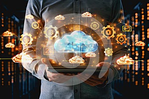 A person interacting with a digital cloud interface, symbol icon computing and technology.