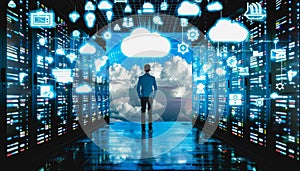 A person interacting with a digital cloud interface, symbol icon computing and technology.