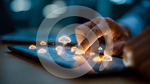 Person interacting with a digital cloud network on a touchscreen device