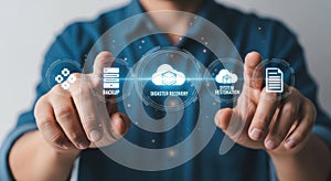 Person interacting with digital cloud technology and data storage icons interface