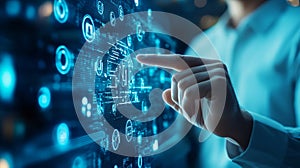 A person interacting with a digital display screen, showcasing advanced technology and data visualization in a modern setting