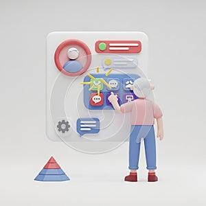 Person interacting with digital interface elements isolated on white background