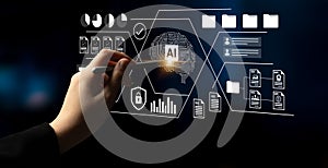 Person interacting with digital interface showcasing artificial intelligence concepts, data visualization, and