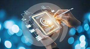 Person interacting with digital interface on tablet with glowing checkmark technology