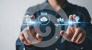 Person interacting with futuristic digital interface for cloud computing and ai services