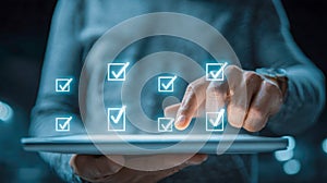 Person interacting with futuristic digital interface on a tablet displaying multiple checkboxes with checkmarks in a technology-