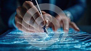 Person interacting with futuristic digital interface using a fountain pen to write or edit data on a glowing interactive screen in