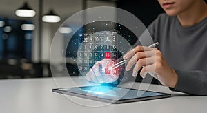 Person interacting with futuristic holographic data display on tablet