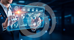 Person interacting with futuristic security interface