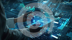 person interacting with a futuristic transparent digital touchscreen interface filled with graphs and data analytics. AI