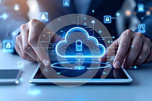Person interacting with glowing blue cloud network security interface on tablet screen technology data