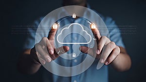 Person interacting with a glowing cloud surrounded by digital security symbols and binary code