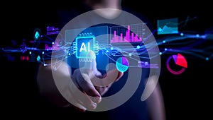 Person interacting with a holographic interface displaying ai chip and data analytics charts