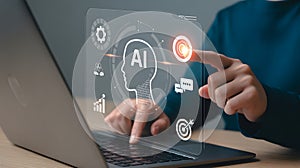 Person interacting with A I interface on transparent screen with icons artificial intelligence