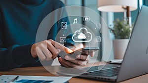 Person using smartphone with cloud technology and digital icons