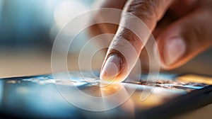 Person interacting with a touchscreen smartphone, using finger to navigate applications with soft glowing light reflecting on