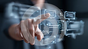 Person interacting with virtual chatbot interface displaying artificial intelligence and machine learning concepts in a futuristic
