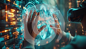 Person interacting with a virtual interface in a high-tech environment during the evening