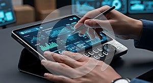 Person using advanced digital tablet with stylus for data analysis and visualization