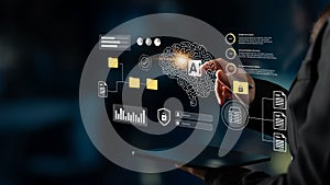 Advanced technology interface showing data analysis and artificial intelligence concept with human touch on digital