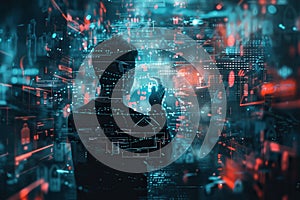 A Person Interacting with a Digital Interface with Glowing Blue and Red Visualizations