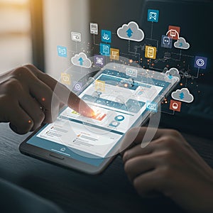 A person interacts with a digital tablet displaying a dashboard interface featuring