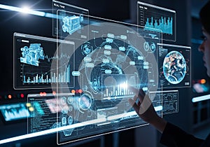 A person interacts with a futuristic