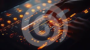 Hands interacting with futuristic touch screen interface for ai data analysis and control panel design