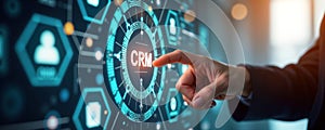 Person interacts with modern CRM software interface. Digital dashboard displays customer relationship management system.