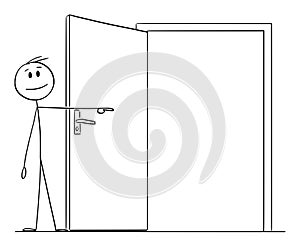 Person Inviting or Pointing at Open Door, Vector Cartoon Stick Figure Illustration