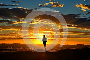 A person jogging energetically through a vast field as the golden sun sets in the background, The silhouette of a runner against a