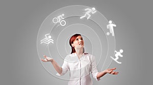 Person juggle with hobbies concept