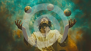 Person juggling planets in surreal cosmic scene, expressing wonder and creativity photo