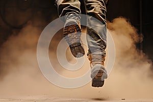 person jumping in work boots, midair with dust trail