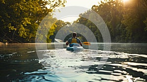 Person Kayaking Down River At Summer