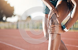 Person with knee pain, runner and injury with fitness outdoor, health and mockup space with inflammation. Running