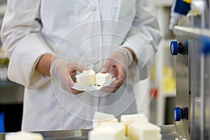 person in lab coat sampling butter for quality check